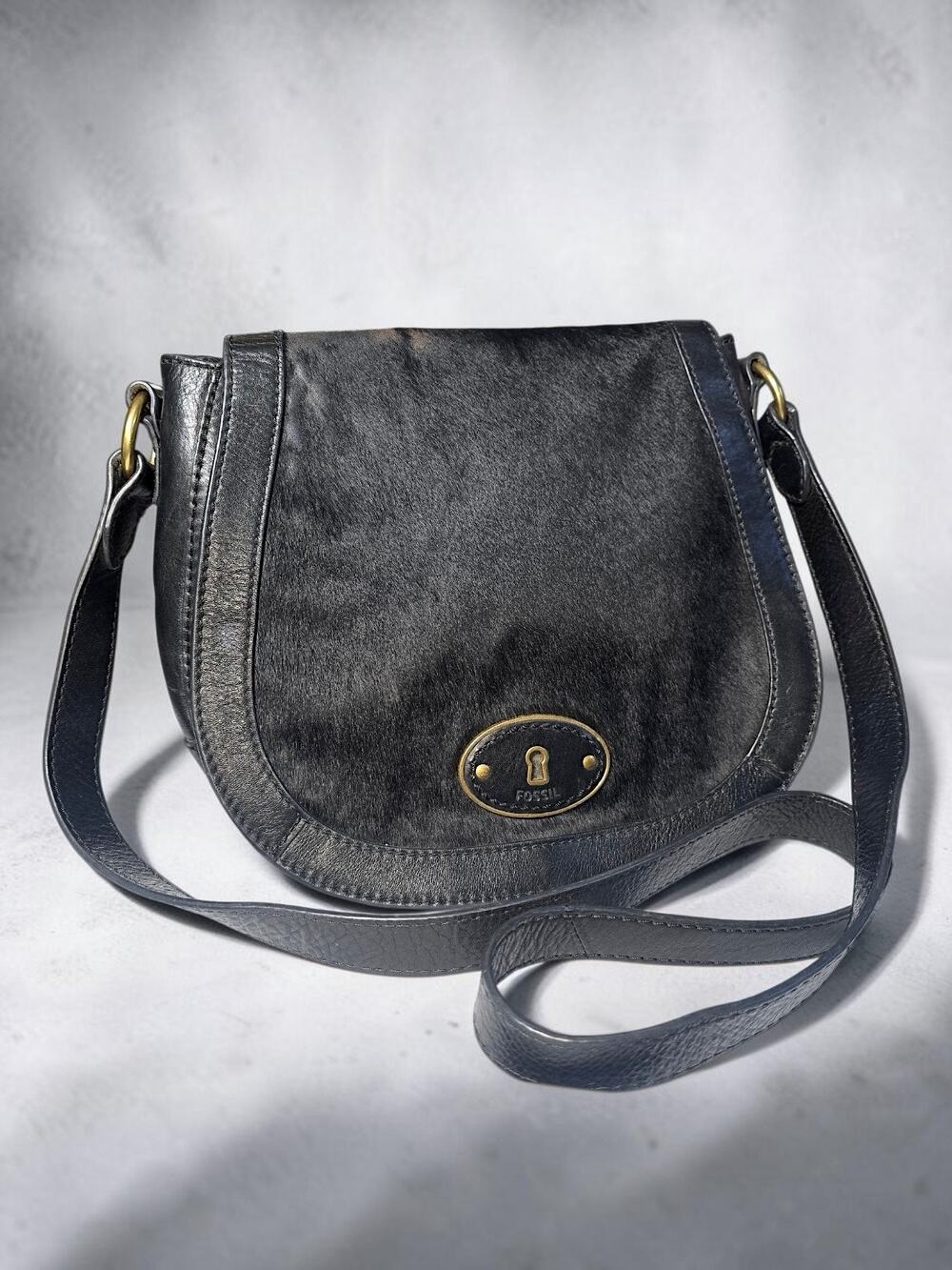 Fossil VRI Black Leather Calf Hair Saddle Crossbody Bag Vintage Reissue